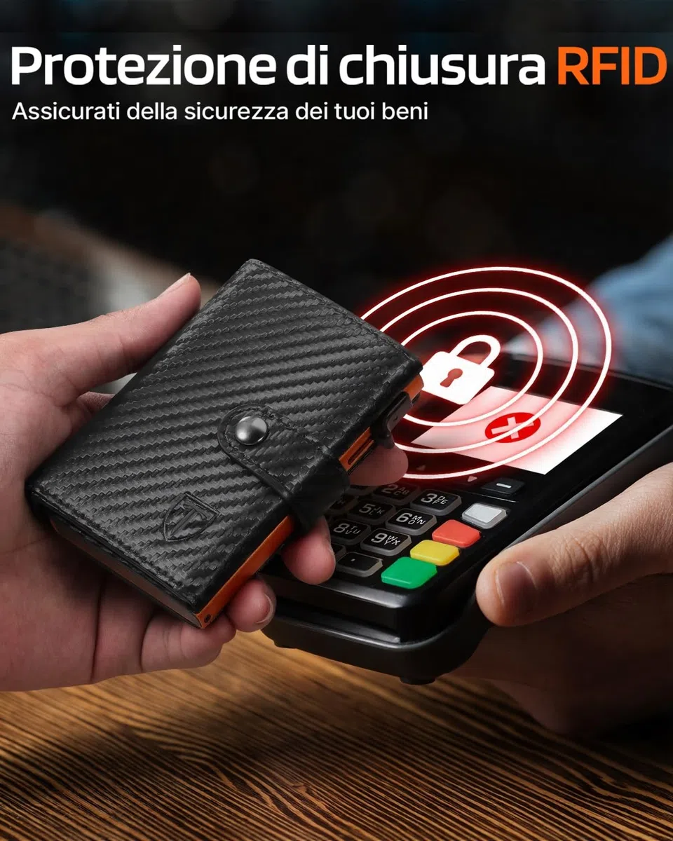 Portafoglio Uomo Slim RFID Blocking, Fibra di Carbonio Porta Carte di Credito Uomo - ID Window, Tasca Portamonete con Cerniera, Scomparto per Banconota, Confezione Regalo - Nero Arancione