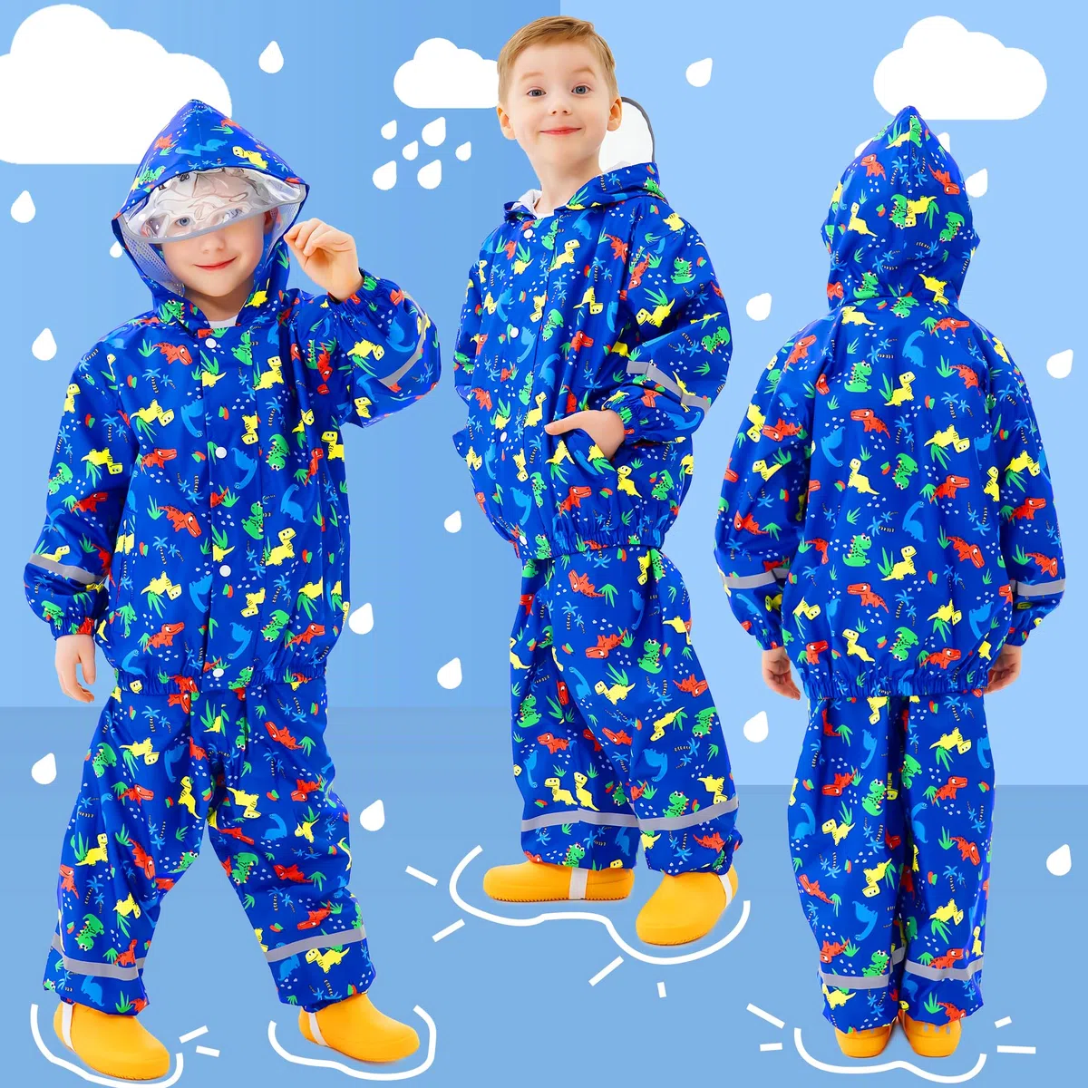 Tuta Impermeabile Bambino Bambina con Cappuccio Leggero Antipioggia Giacca & Pantaloni Impermeabili con Strisce Riflettenti Tuta Pioggia Completo Abbigliamento per Ragazze Ragazzi 1-7 anni