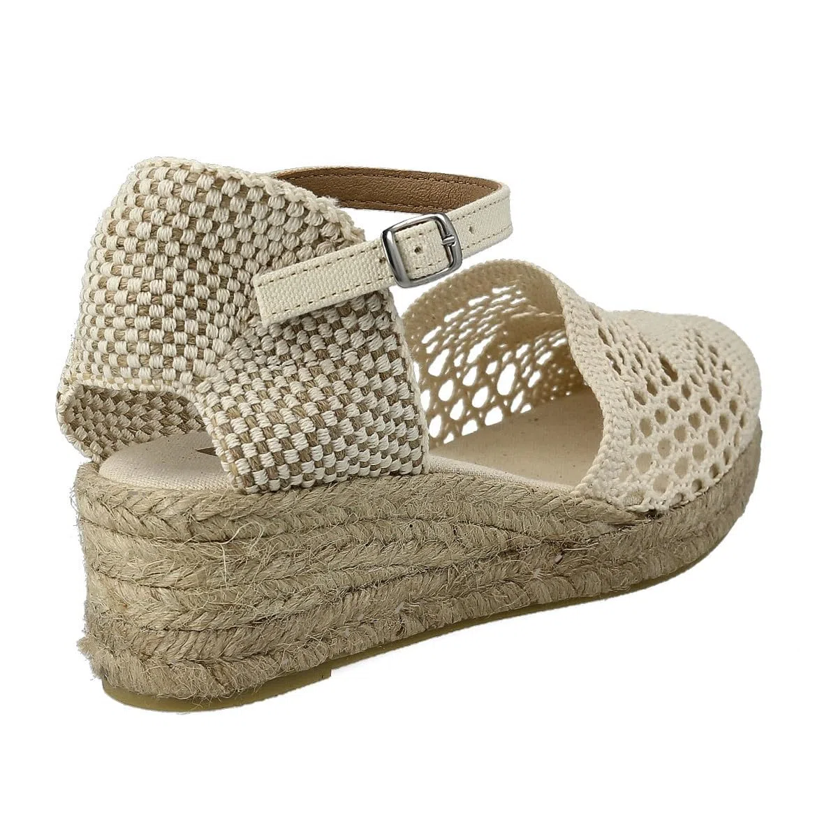 Sandali Bassi con Zeppa de Juta Sparto per Donna. Fatto in Spagna all'uncinetto. Espadrillas con Tacco Basso. Suola Imbottita in Tessuto. Fibbia o Cinturini alla Caviglia