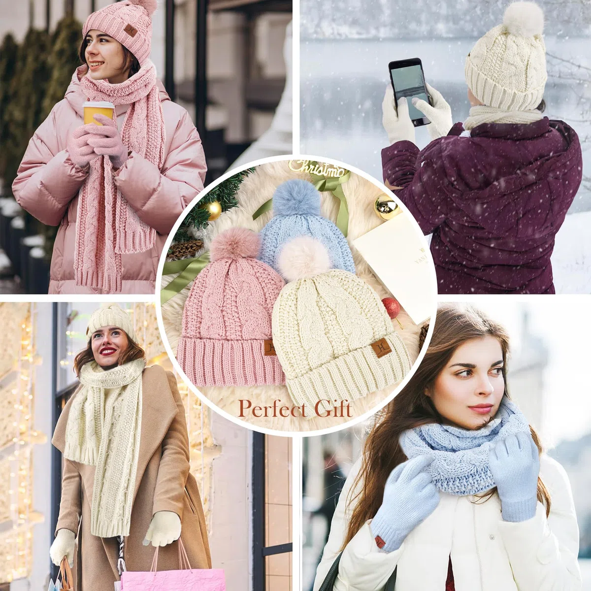 ZASFOU Donna Cappello Invernale Sciarpa Guanti Touch Screen Set Caldo Ciniglia Pompon Maglia Berretto Cappelli Pile Foderati Scaldacollo Guanto Regalo per Donna