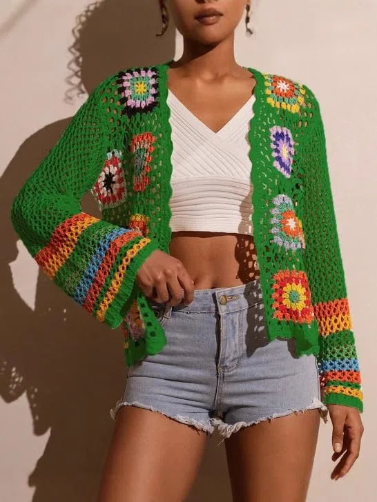 Cardigan Donna Estivo Cardigan all'Uncinetto con Fiori da Donna Lavorato A Mano Lavorato A Maglia Traforato Boho con Motivo Floreale Quadrato Leggero Estivo con Maniche Svasate Coprispall