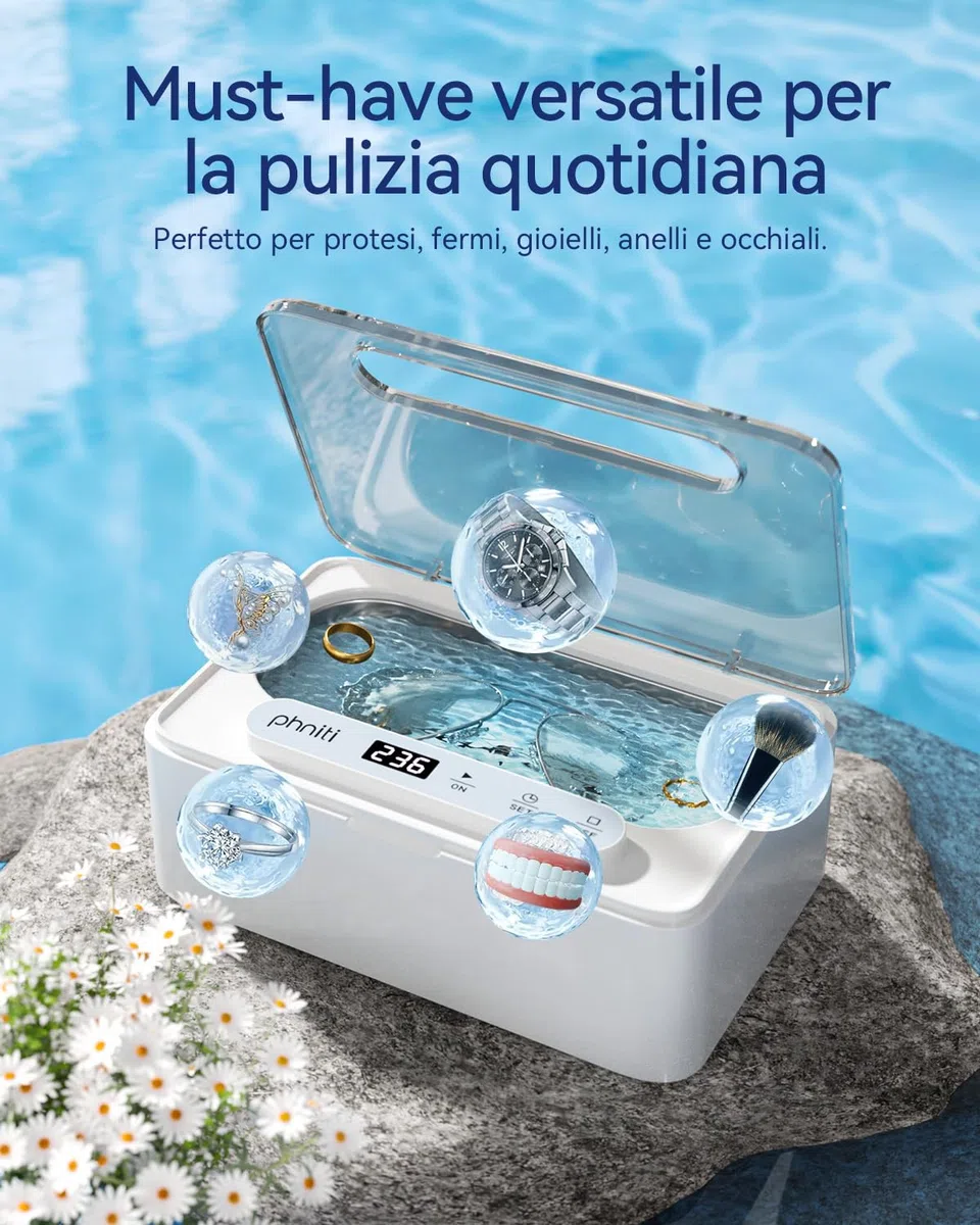 Phniti Pulitore Ultrasuoni, Pulitore Ultrasuoni Apparecchio Denti a 47KHz, Pulitore a Ultrasuoni da 330 ml Ultrasonic Cleaner, Portatile ad Pulitore Ultrasuoni Gioielli per Protesi, Occhiali, Orologi