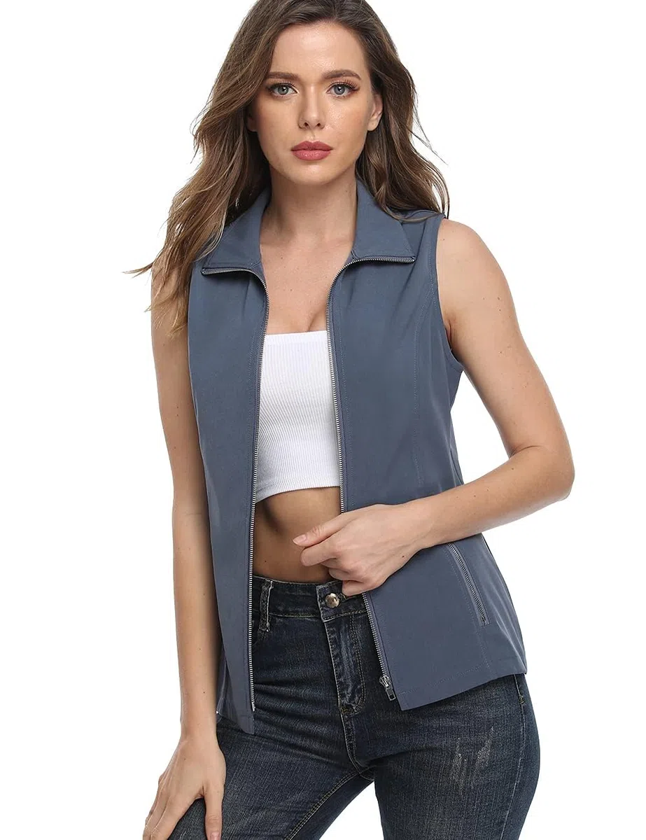 Dilgul Gilet Donna Estivo con Colletto Giacca Leggera Senza Maniche con Cerniera con Tasche