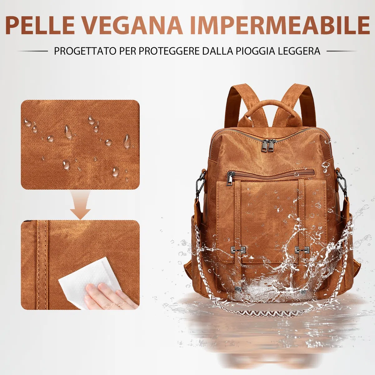 Leathario Zaino Donna in Pelle Vegana Impermeabile Antifurto,Borsa Elegante 3-in-1,Zaino da Lavoro, Viaggio e Uso Quotidiano(Marrone Smerigliato)