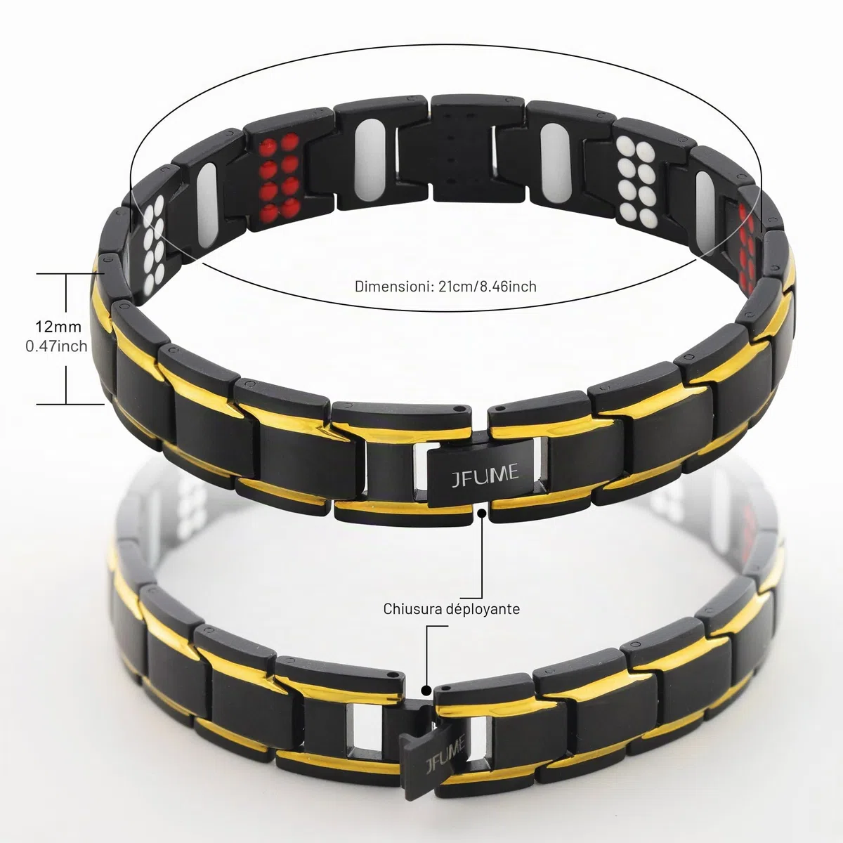 JFUME Bracciale magnetico da uomo, placcato oro 18k, placcato nero, argento, carbonio blu con strumento di rimozione link, regolabile 22cm