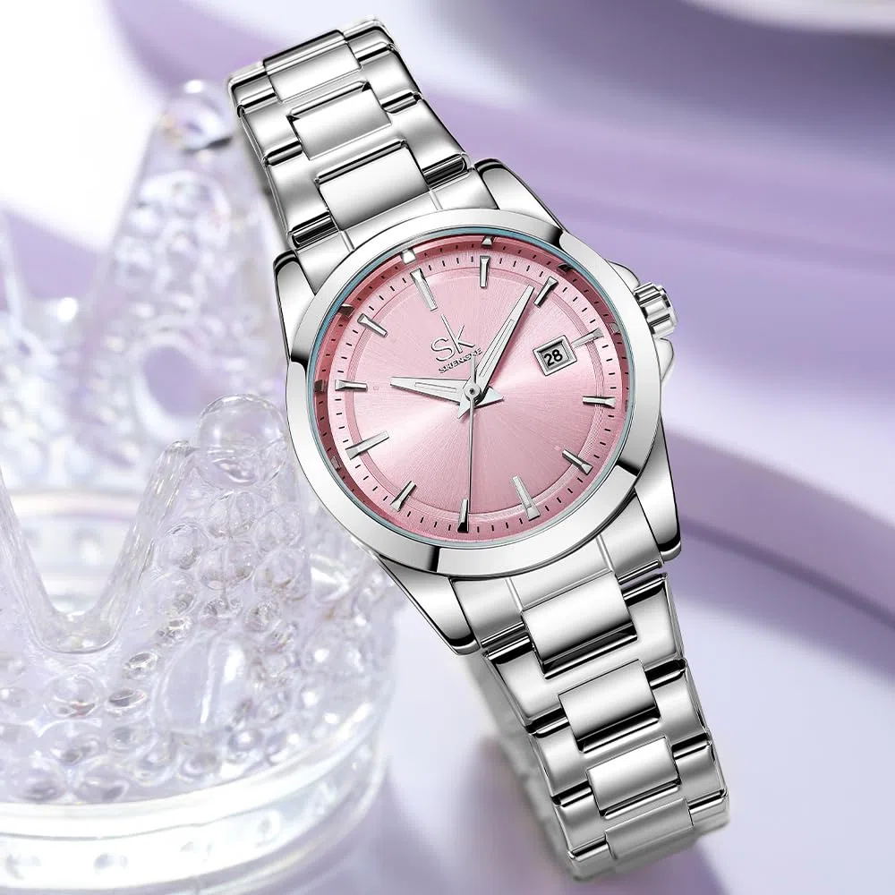SHENGKE Orologi al quarzo minimalisti da donna con data bracciale in acciaio inossidabile e quadrante colorato alla moda