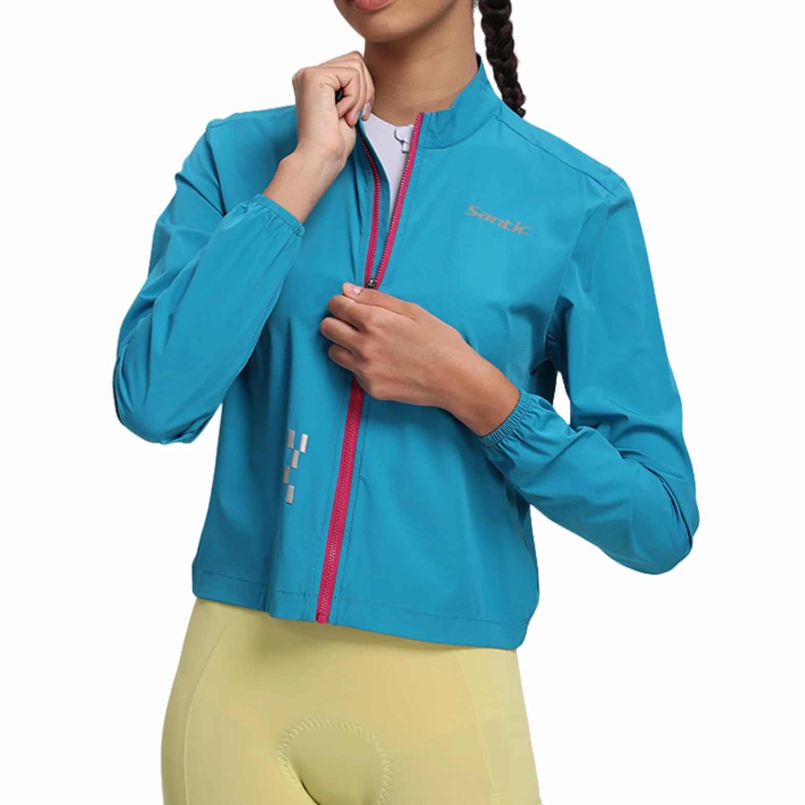 Santic Giacca da ciclismo da donna, per ciclismo, corsa, traspirante, leggera, protezione UV, per ciclismo, riflettente, da corsa