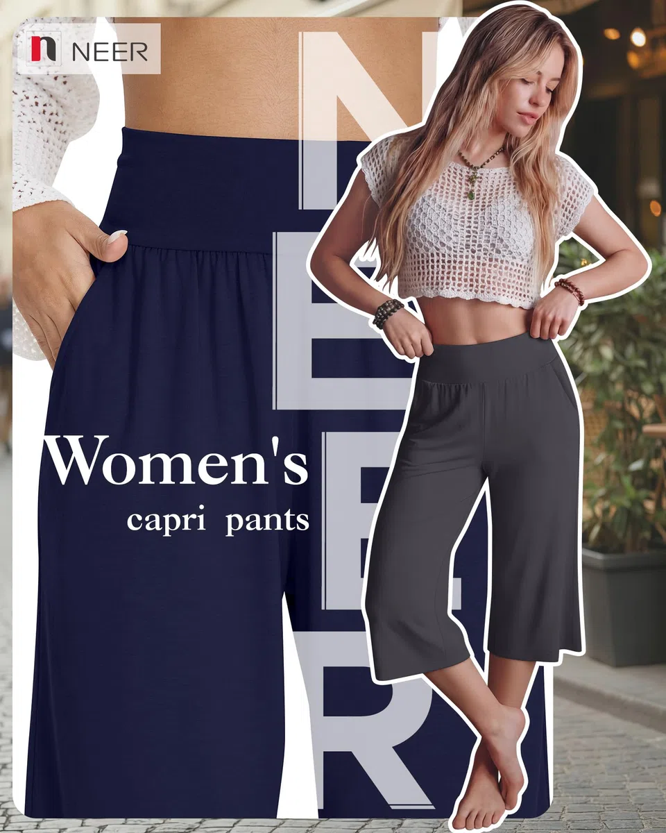 Neer Confezione da 3 pantaloni Capri da donna, a gamba larga, a vita alta, pantaloni della tuta estivi casual da allenamento con tasca