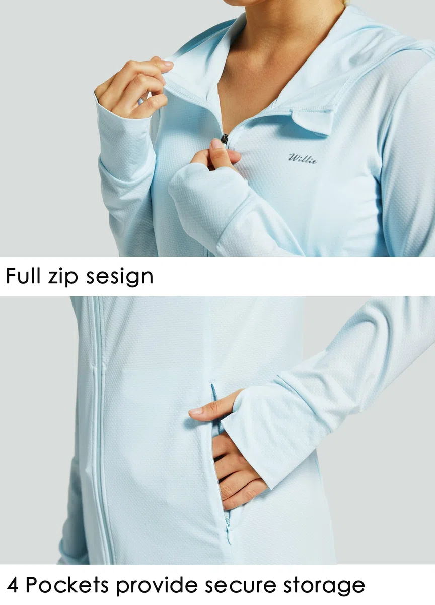 WILLIT Giacca sportiva da donna, a maniche lunghe, protezione solare, con cappuccio, protezione UV, UPF 50, leggera, yoga, fitness, sport, escursionismo, con tasche