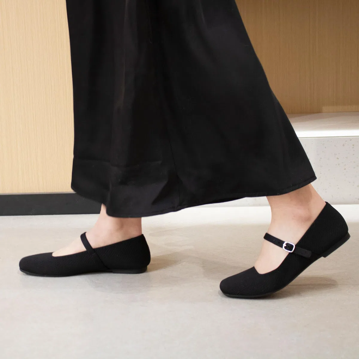 Soesyi Ballerine da donna in maglia con punta quadrata casual con cinturino alla caviglia, scarpe Mary Jane da donna comode per ufficio elegante