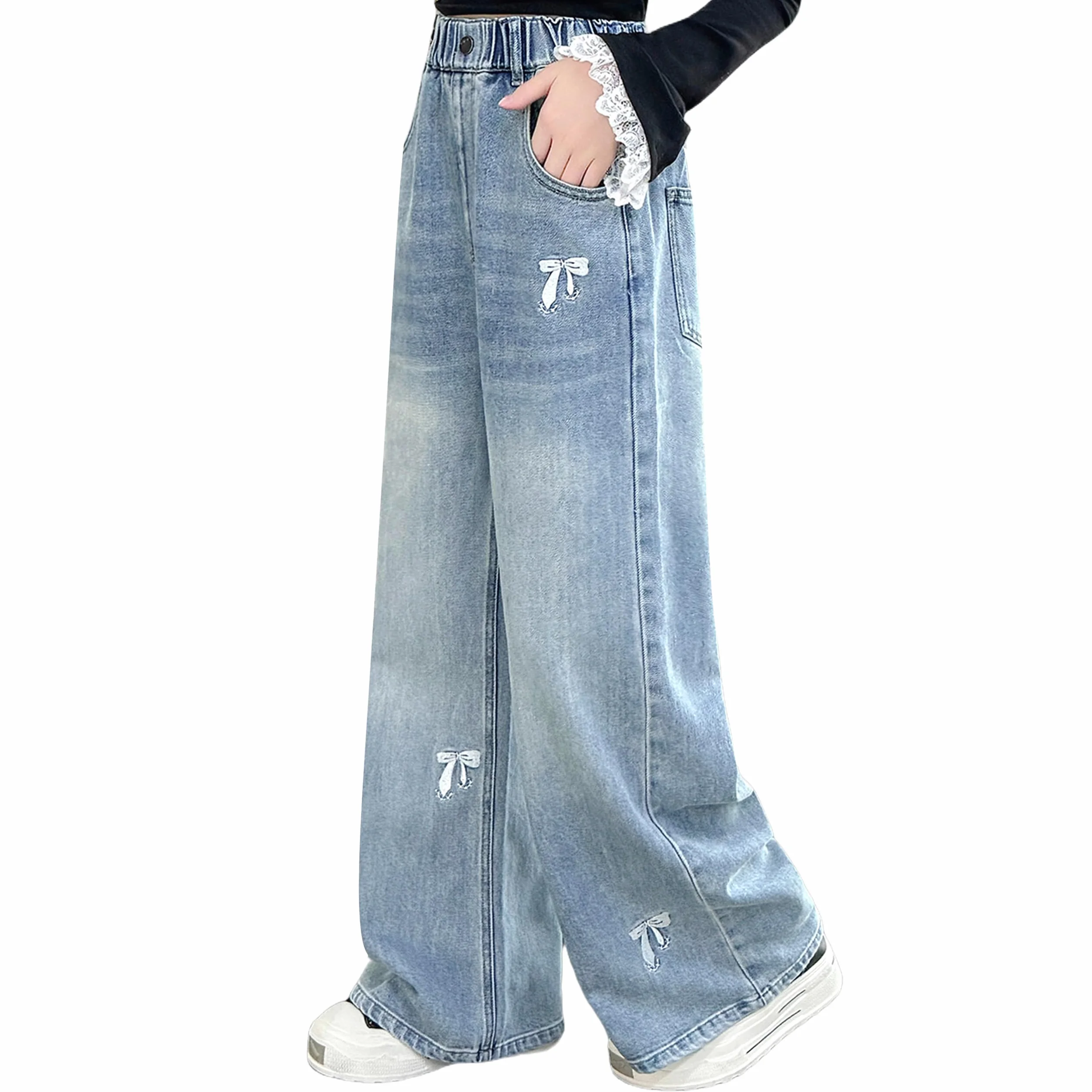 Rolanko Jeans Larghi per Ragazze, Vita Alta Elasticizzata Gamba Larga Pantaloni Denim Bootcut per Bambini 6-15 Anni