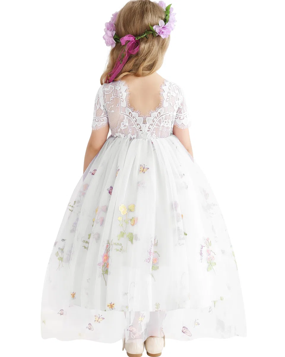 Fiore Vestito per Ragazze Abito in Tulle Abito Pizzo Indietro Principessa Compleanno Tutu Tulle Vestito Cerimonia Elegante Bambina Festivo Damigella d'Onore Festa di Nozze Abito da Ballo 2-8 Anno