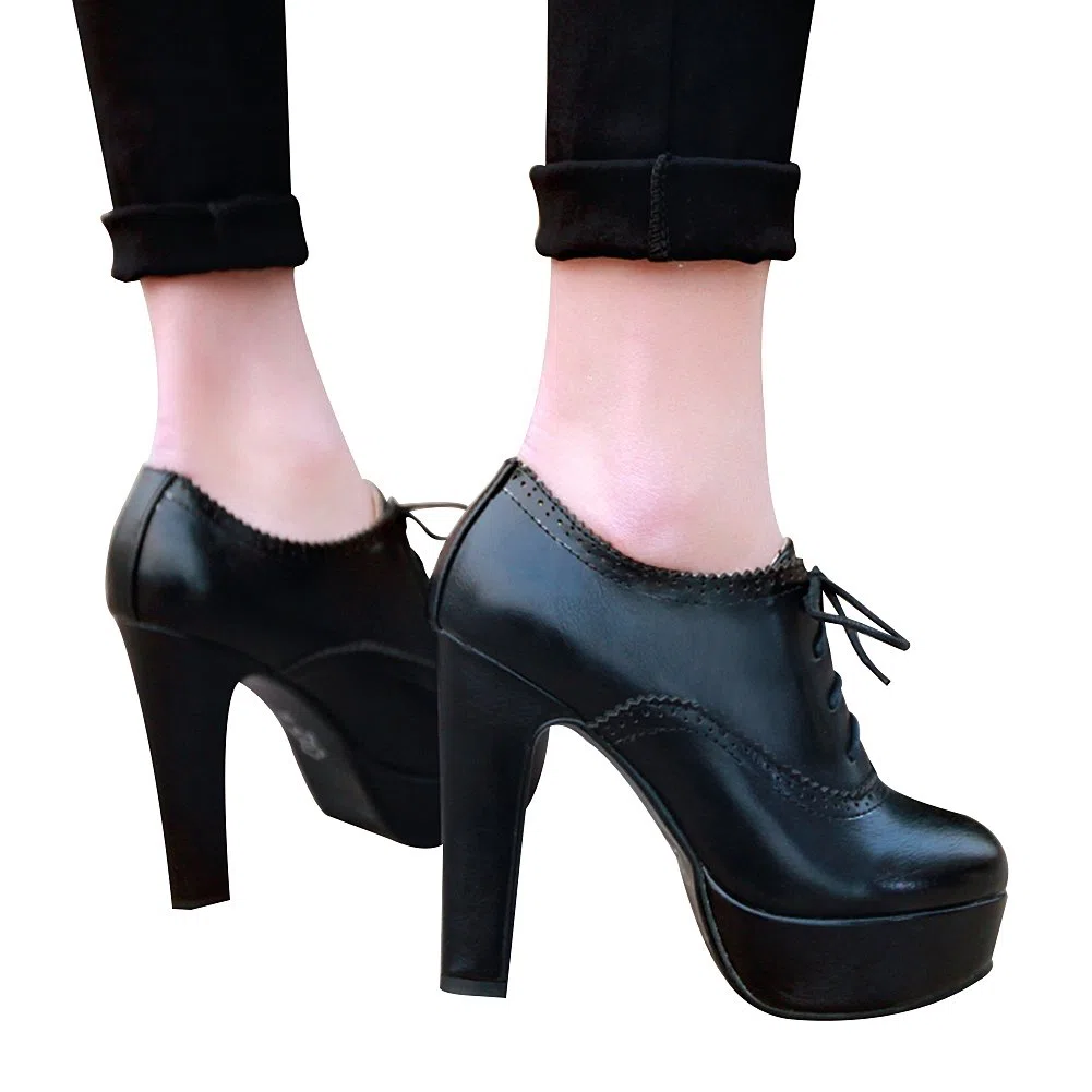 Donna Elegante Piattaforma Alta Tallone di Blocco Scarpette Brogue Oxfords Tacchi a Spillo Grandi Dimensioni