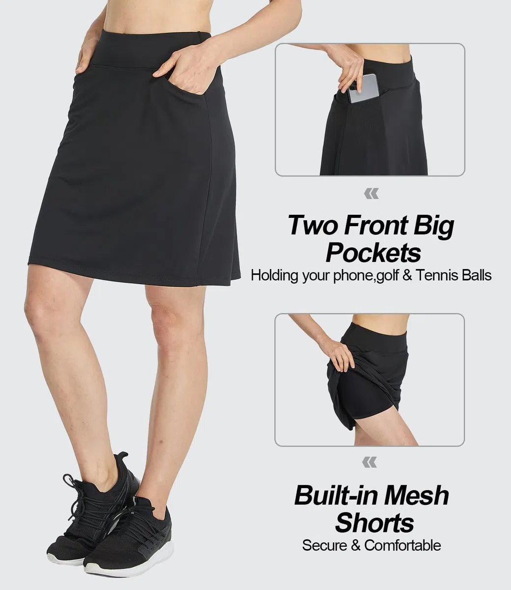 Donna Gonne de Golf con Pantaloncino Lunghezza del Ginocchio Modesta All'aperto Sportive Corsa a Passeggio Padel Tennis Skort con Tasche(Nero,S)