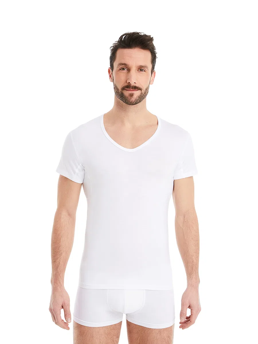 FINN Maglia Intima Funzionale per Uomo con Scollo a V - T-Shirt Anti-Sudore con Inserti Contro Le Macchie di Sudore - Canottiera a Maniche Corte in Tessuto Originale Lenzing® Modal