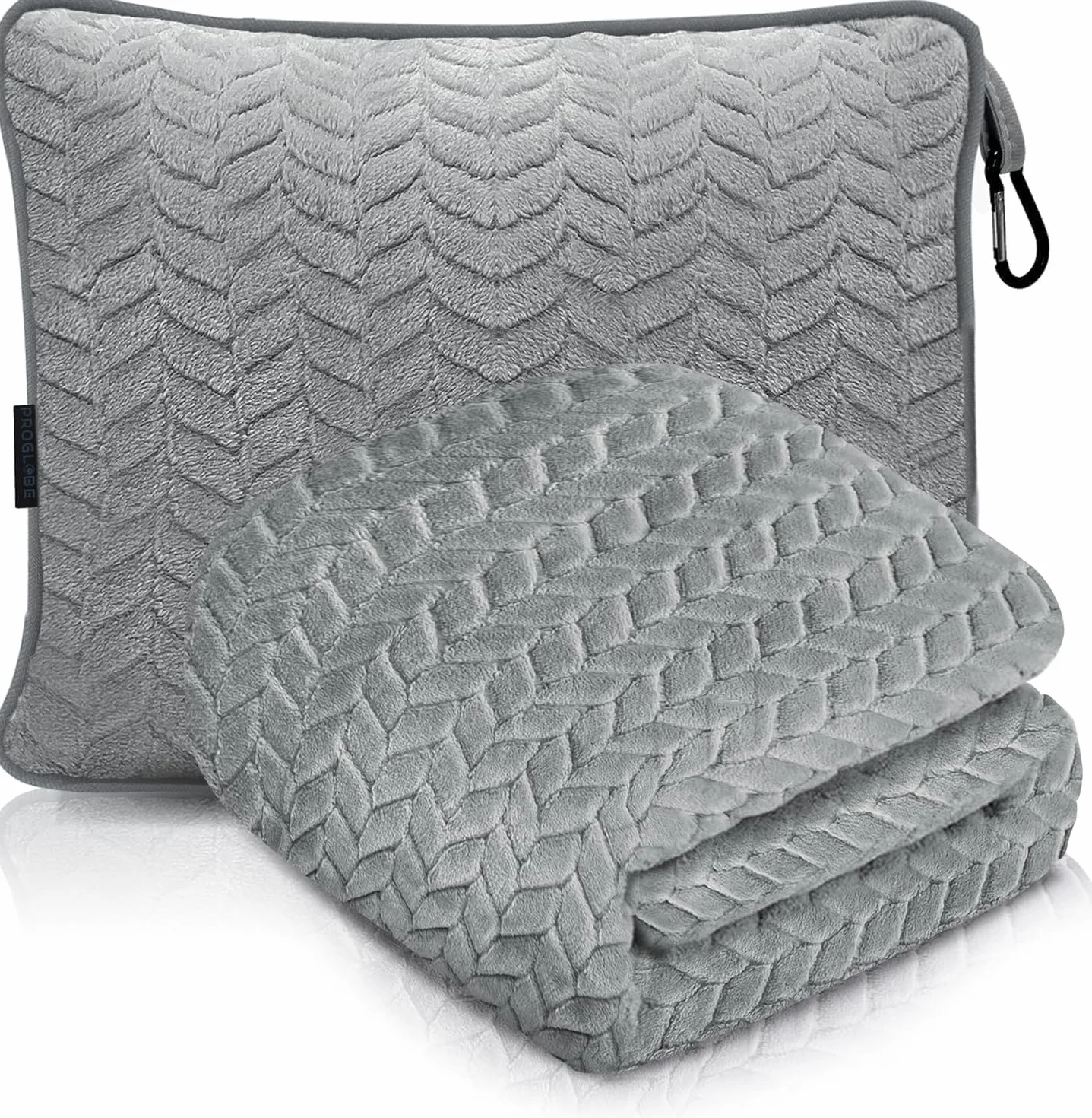 Proglobe Coperta da Viaggio Morbida & Calda per Aereo & Auto - Indispensabile per Lunghi Voli per Donne, Uomini, Bambini - Cuscino Compatto con Custodia per Bagagli & Clip per Zaino, Grigio