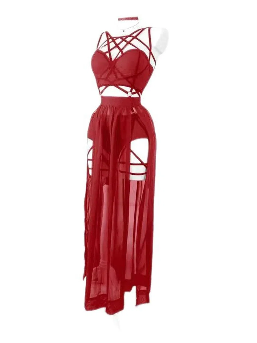 Completo Intimo Tre Pezzi con Abito con Spalline e Cuscinetti per Il Petto, Bellissima Gonna in Garza - Nero - M