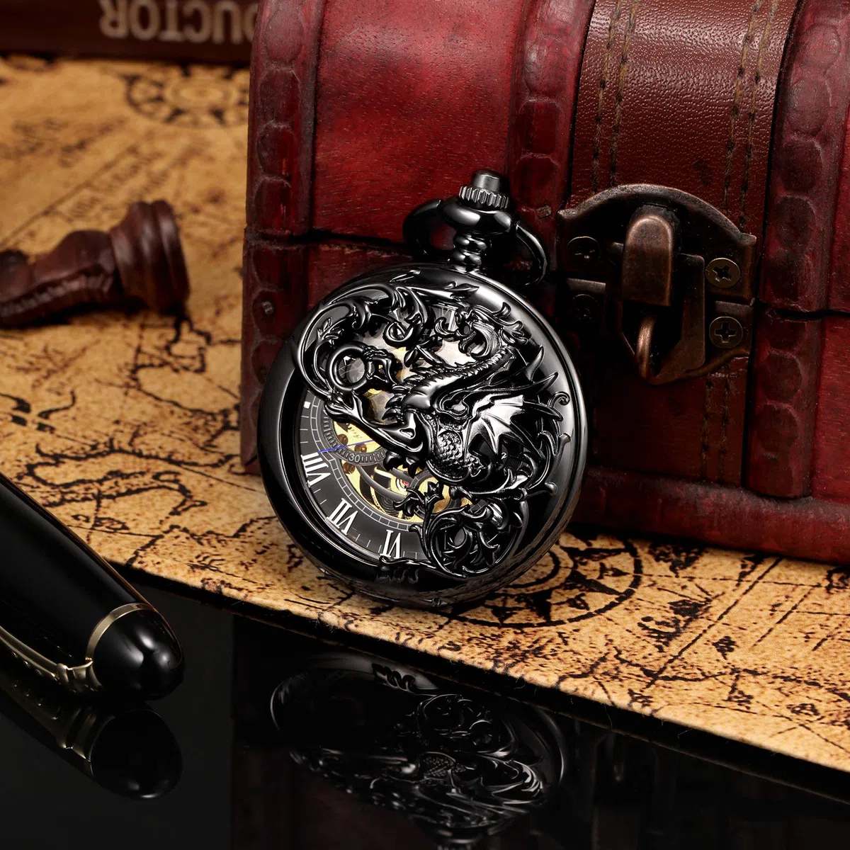 TREEWETO Orologio da tasca meccanico da uomo, con scheletro, drago e scheletro, con doppia apertura, argento/bronzo/nero, custodia da uomo
