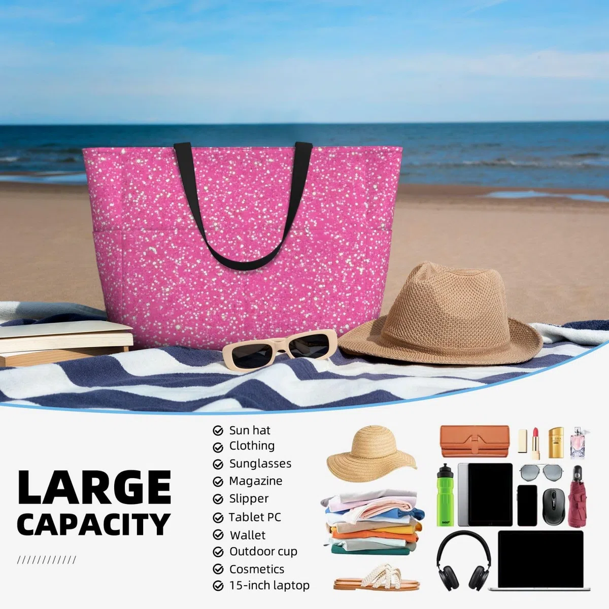 Borsa da spiaggia extra large con glitter rosa scintillante con tasche con cerniera, borsa impermeabile per piscina, picnic, palestra e viaggi