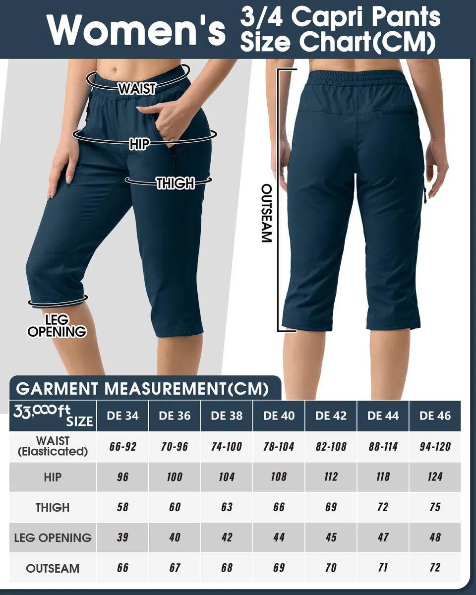 33,000ft Pantaloni da donna a 3/4 Capri elasticizzati, leggeri, da ciclismo, estivi, da golf