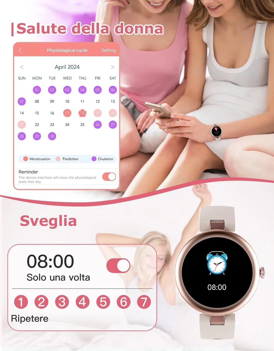 Smartwatch Donna Piccolo Rotondo Risposta Chiamate per Android iOS Orologio Contapassi Cardiofrequenzimetro da Polso Saturimetro Orologio Fitness Notifiche 100+ Modalità Sportive
