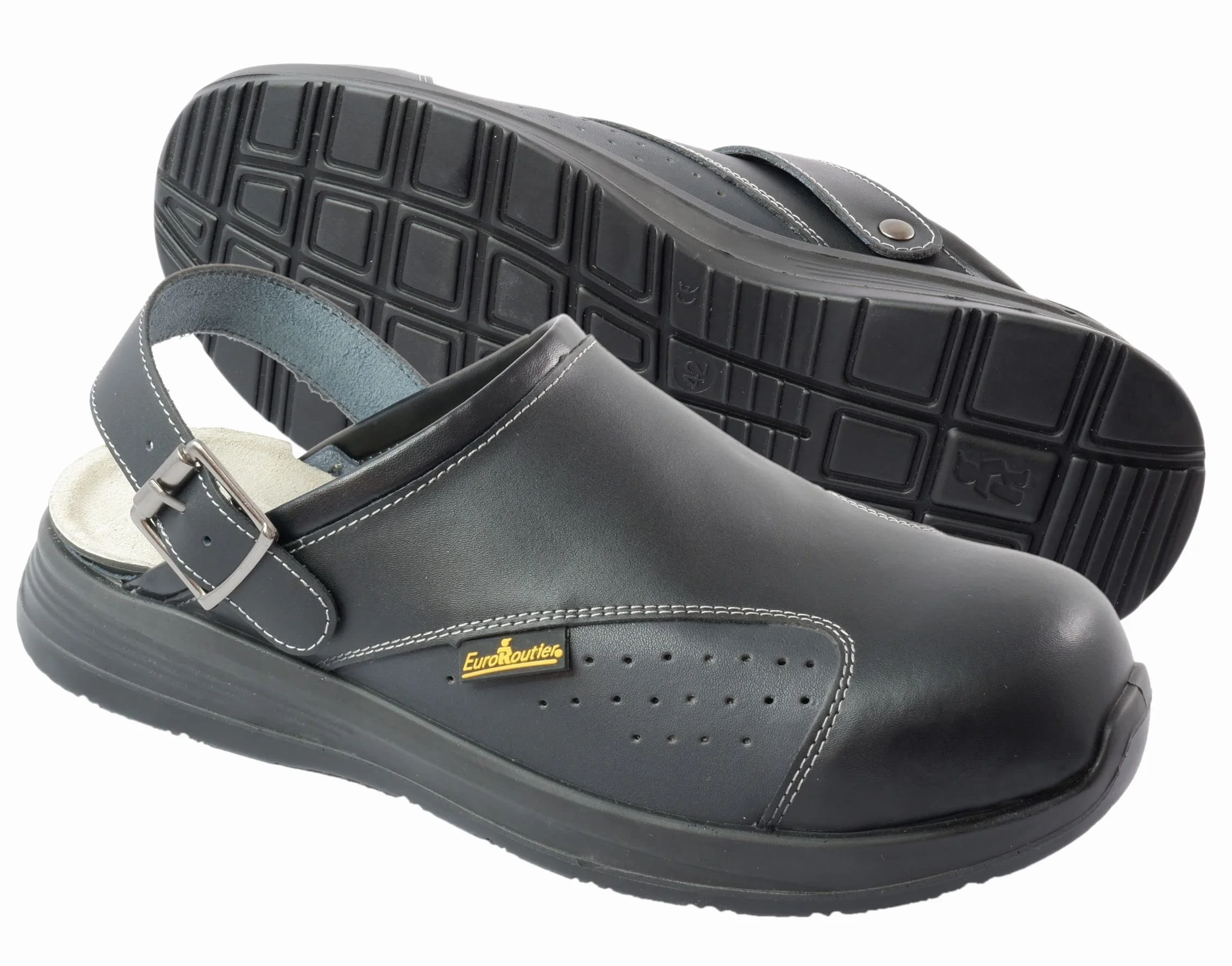 EUROROUTIER Work Slipper, Ciabatta in Pelle con Cinturino Girevole e Fibbia in Metallo OB A-E-FO-SRC