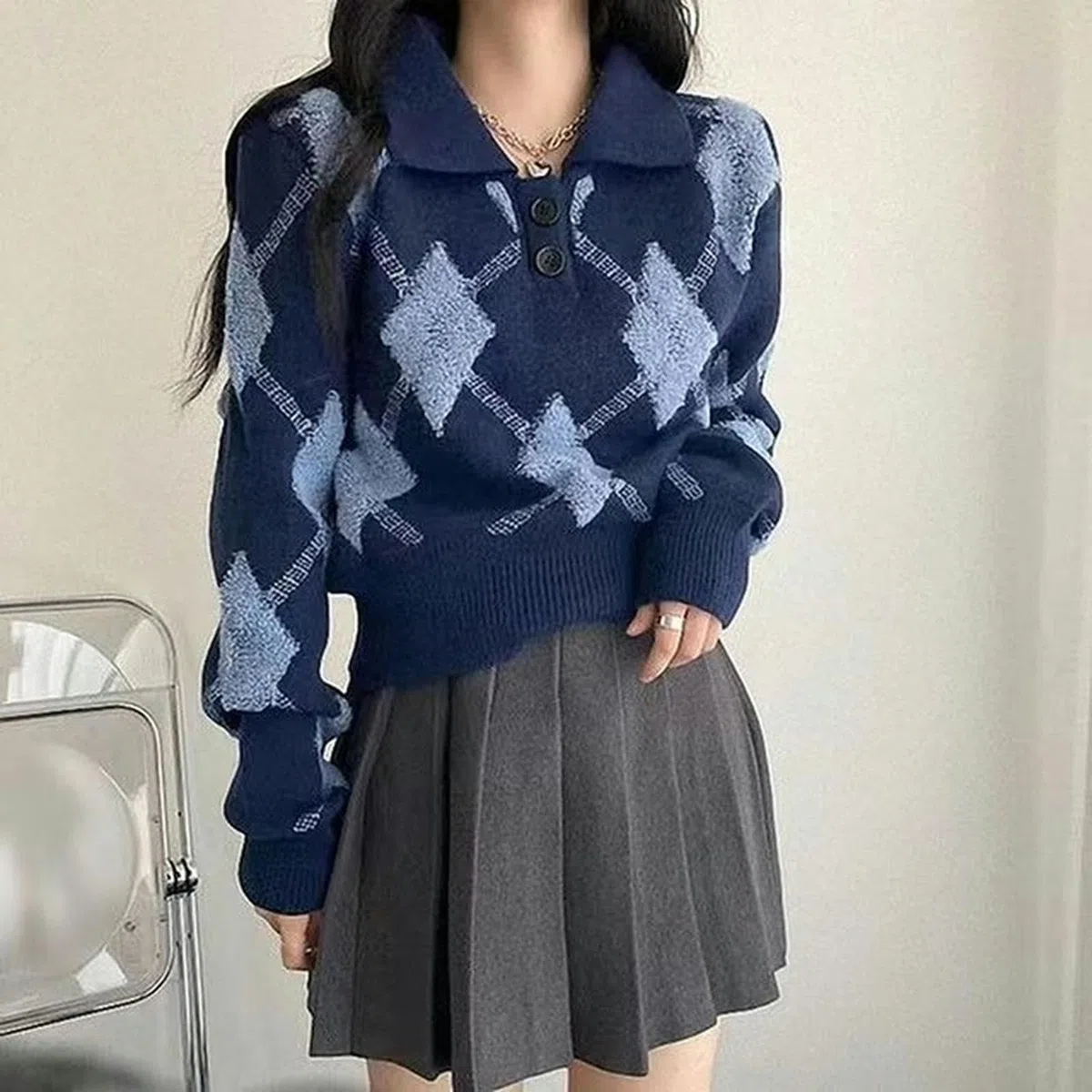 WEITING Maglione con Stampa a Rombi Stile Coreano Donna Preppy Blu Colletto Polo Moda Maglione Lavorato a Maglia Donna Autunno Inverno Pullover-Shenlan-S