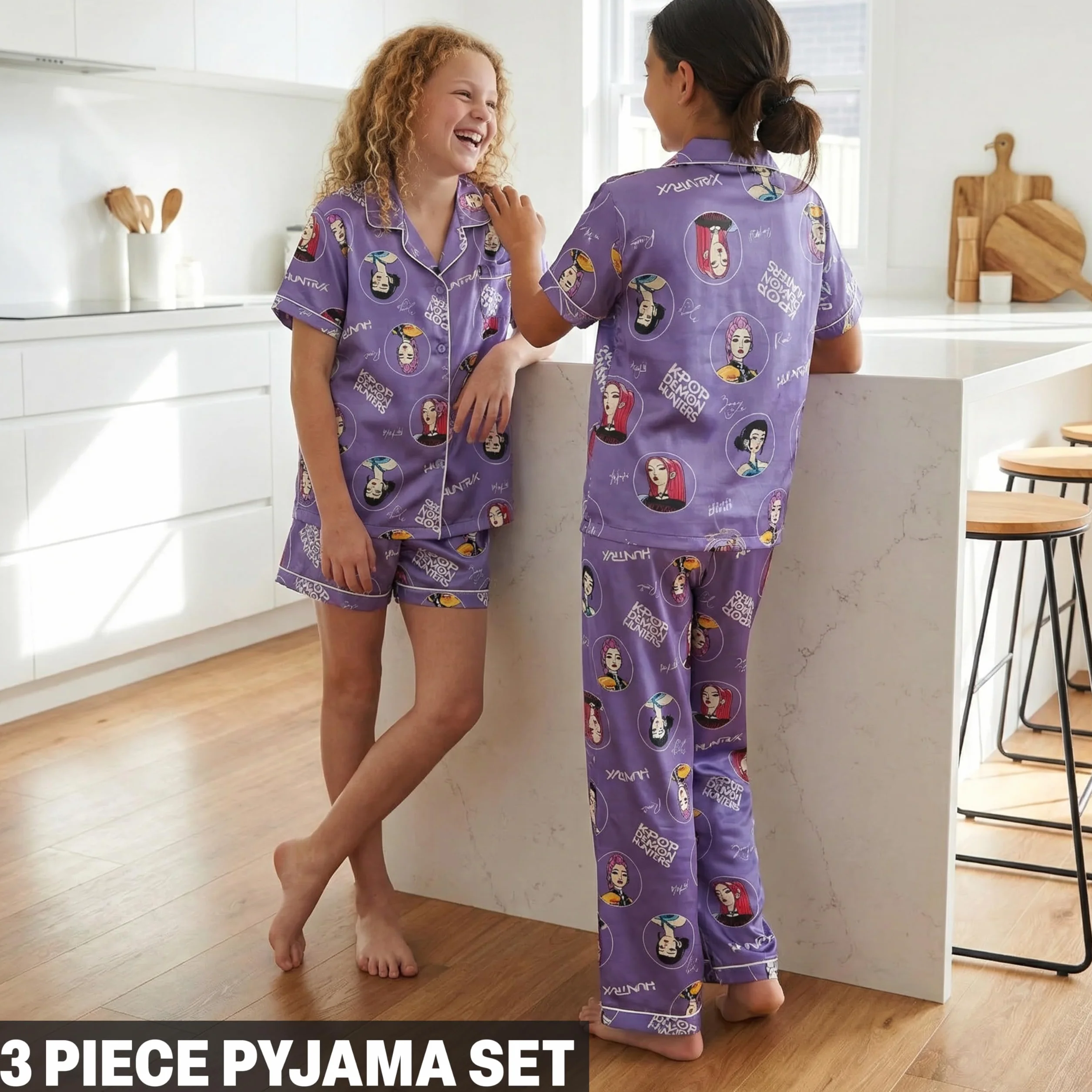 Get Trend KPOP Demon Hunters Huntrix Pigiama Bambina, Set 3 Pezzi Camicia con Bottoni, Pantaloncini e Pantaloni Pigiama, Regalo Ragazza