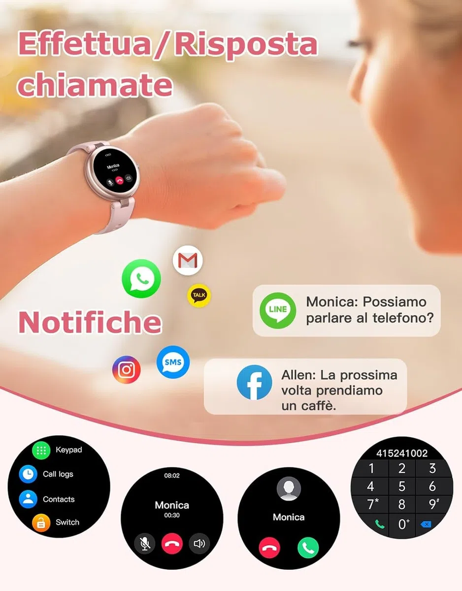 Smartwatch Donna Piccolo Rotondo Risposta Chiamate per Android iOS Orologio Contapassi Cardiofrequenzimetro da Polso Saturimetro Orologio Fitness Notifiche 100+ Modalità Sportive