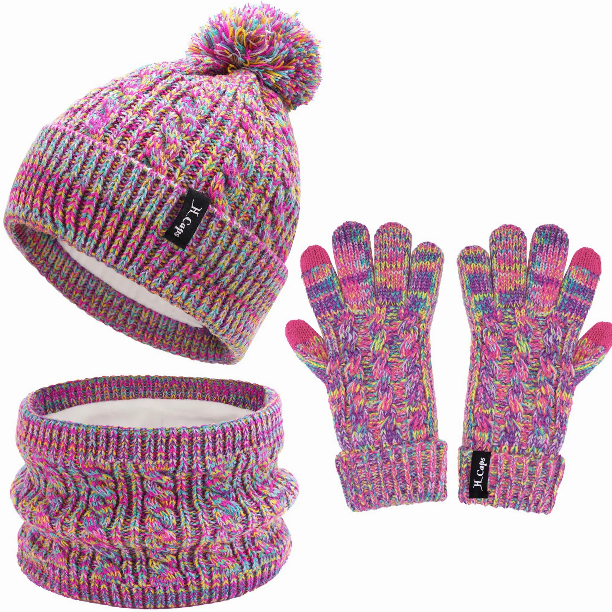 ZASFOU Cappello Invernale Sciarpa Guanti Touch Screen Set per Bambini 3-6-12 Anni Berretto Cappelli in Maglia con Pompon Scaldacollo Guanto Regali per Ragazze Ragazzo