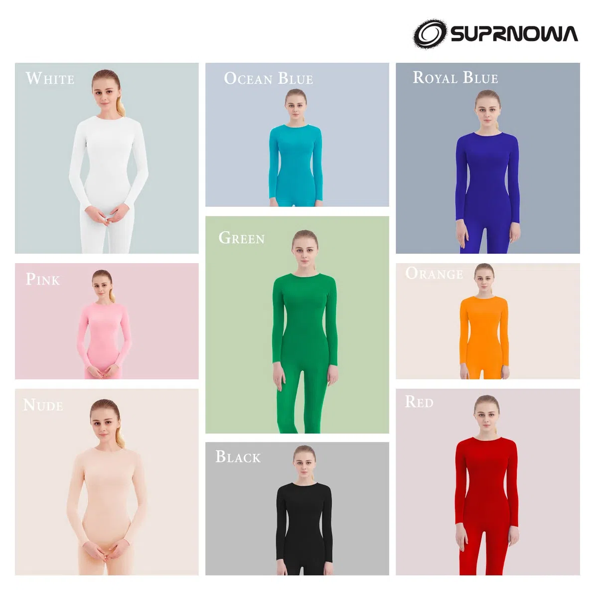 SUPRNOWA Crew Neck Full Body Unitard Elastane Spandex Long Sleeve Round Neck One Piece Bodysuit Unisex