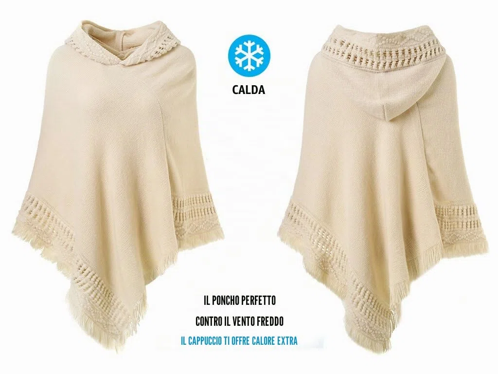 Ferand Poncho da Donna Mantella con Cappuccio e Orlo Sfrangiato
