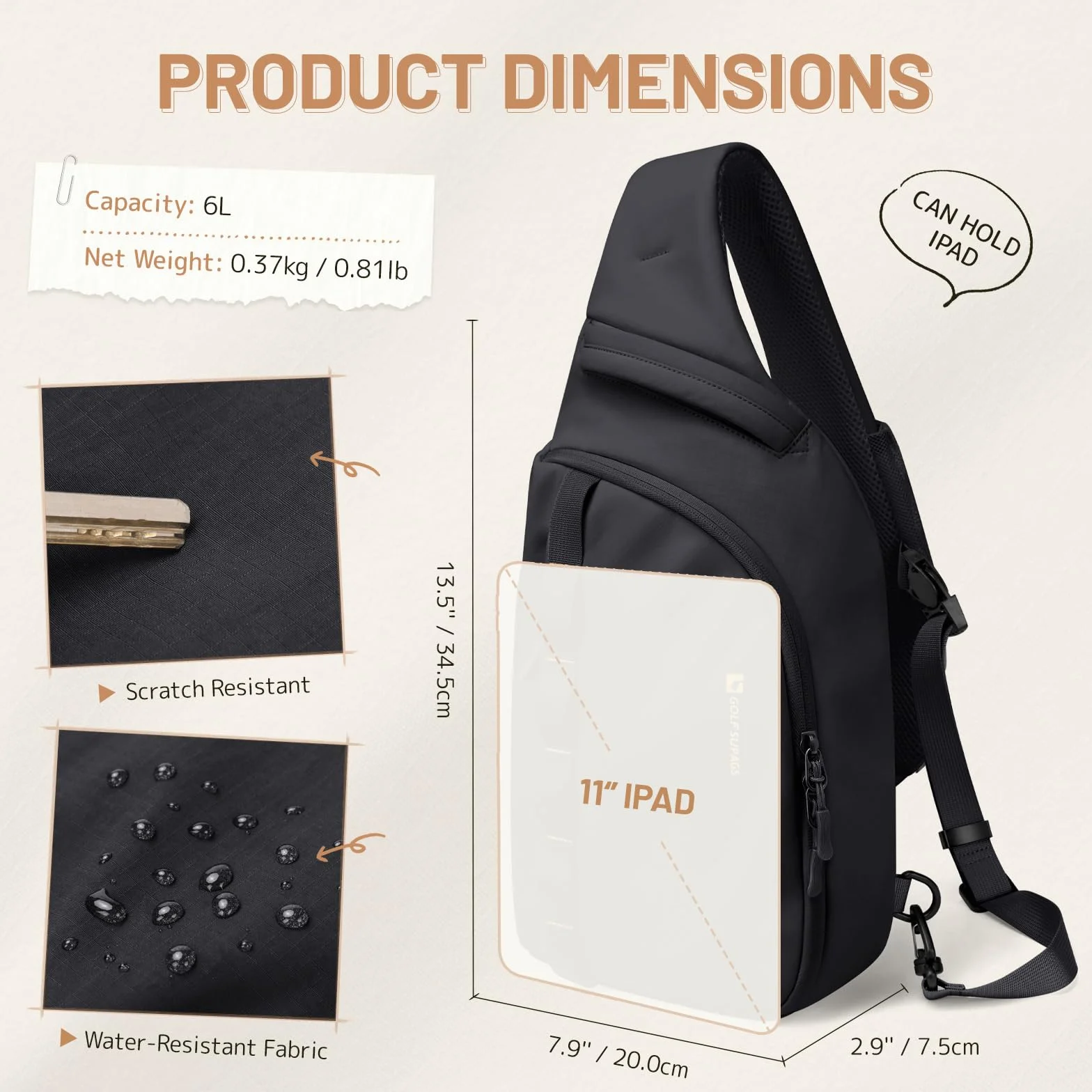GOLF SUPAGS Zaino Monospalla Tattico Uomo Donna, Multifimzioni Zaini Petto, Leggero Borsa a Tracolla per Sport Viaggio Ciclismo Campeggio Escursionismo (Nero)