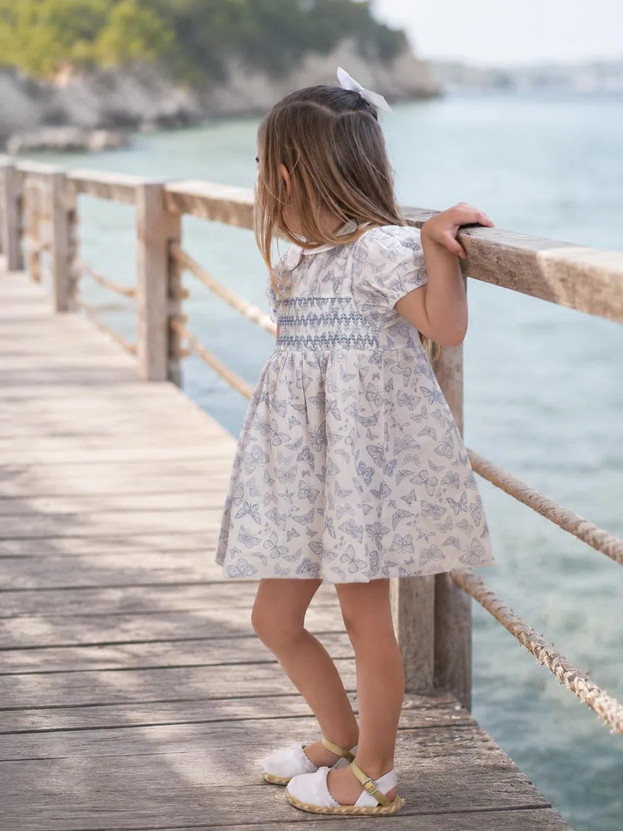 Miipat Vestito in Cotone per Bambina con Motivi Floreali Smockati, Vestito Estivi Vintage Bambine Maniche a Sbuffo e Colletto Peter Pan Abito Casual per Ragazze