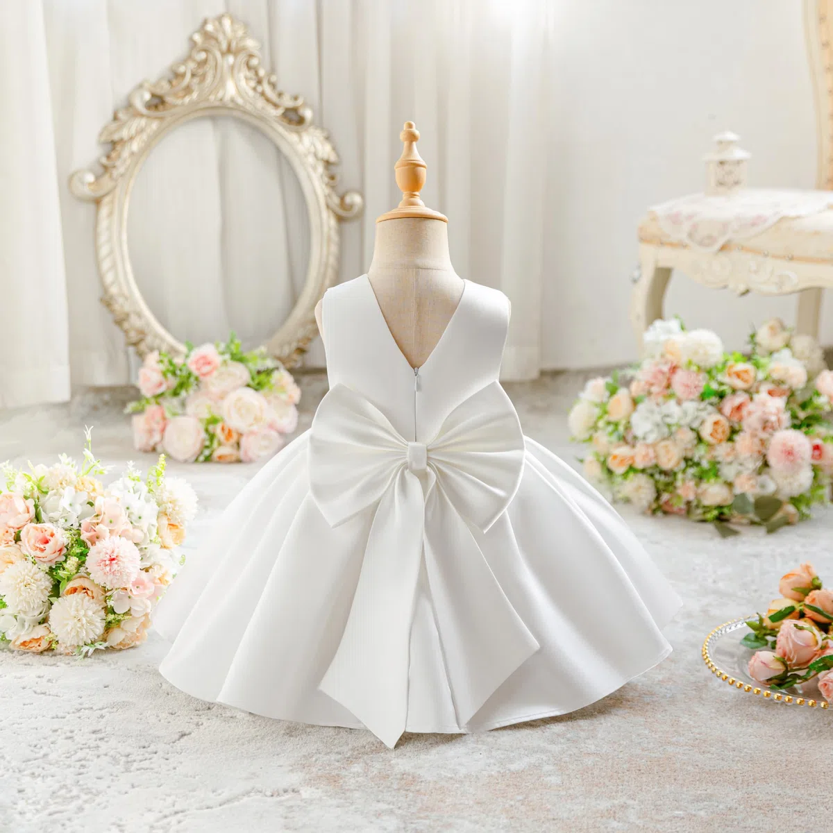 Miipat Abitini per Bambina Raso Abito da Fiorella Matrimonio, Nodo a Fiocco Schiena a V Principessa Formale Vestito Compleanno Abiti Bambine Abito da Battesimo per Ragazze 6 Mesi-4 Anni