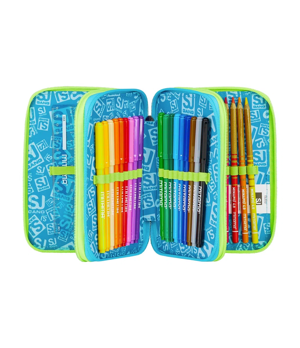 SJ GANG STYLE JAM GANG Astuccio Scuola 3 Zip, Blu, Portapenne Triplo Scomparto Completo Di Penne, Matite, Colori, Accessori Zaino, Scuole Elementari, Bambino
