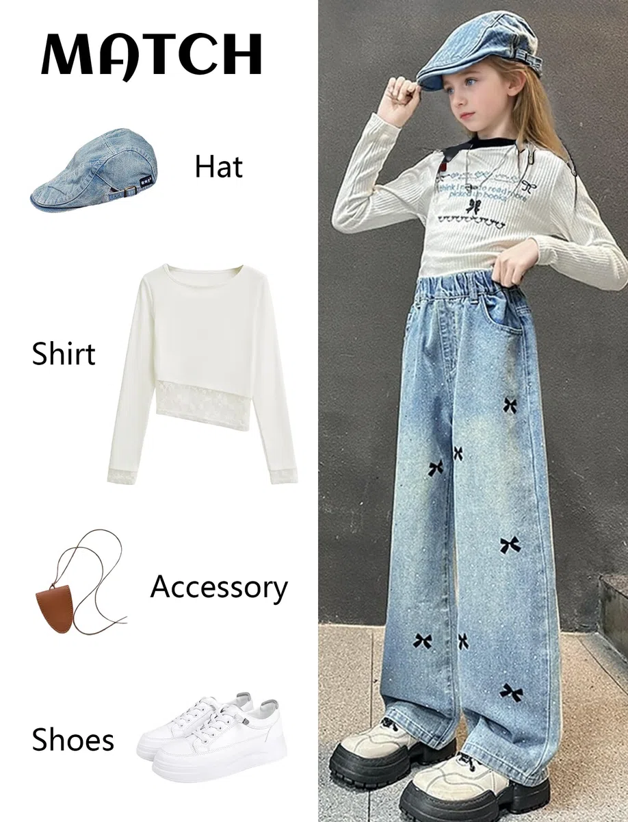 FEOYA Jeans Baggy per Bambina 5-13 Anni, Vita Elastica, Tasche, Denim Vintage con Cuori, Wide Leg Pantaloni Larghi per Ragazza