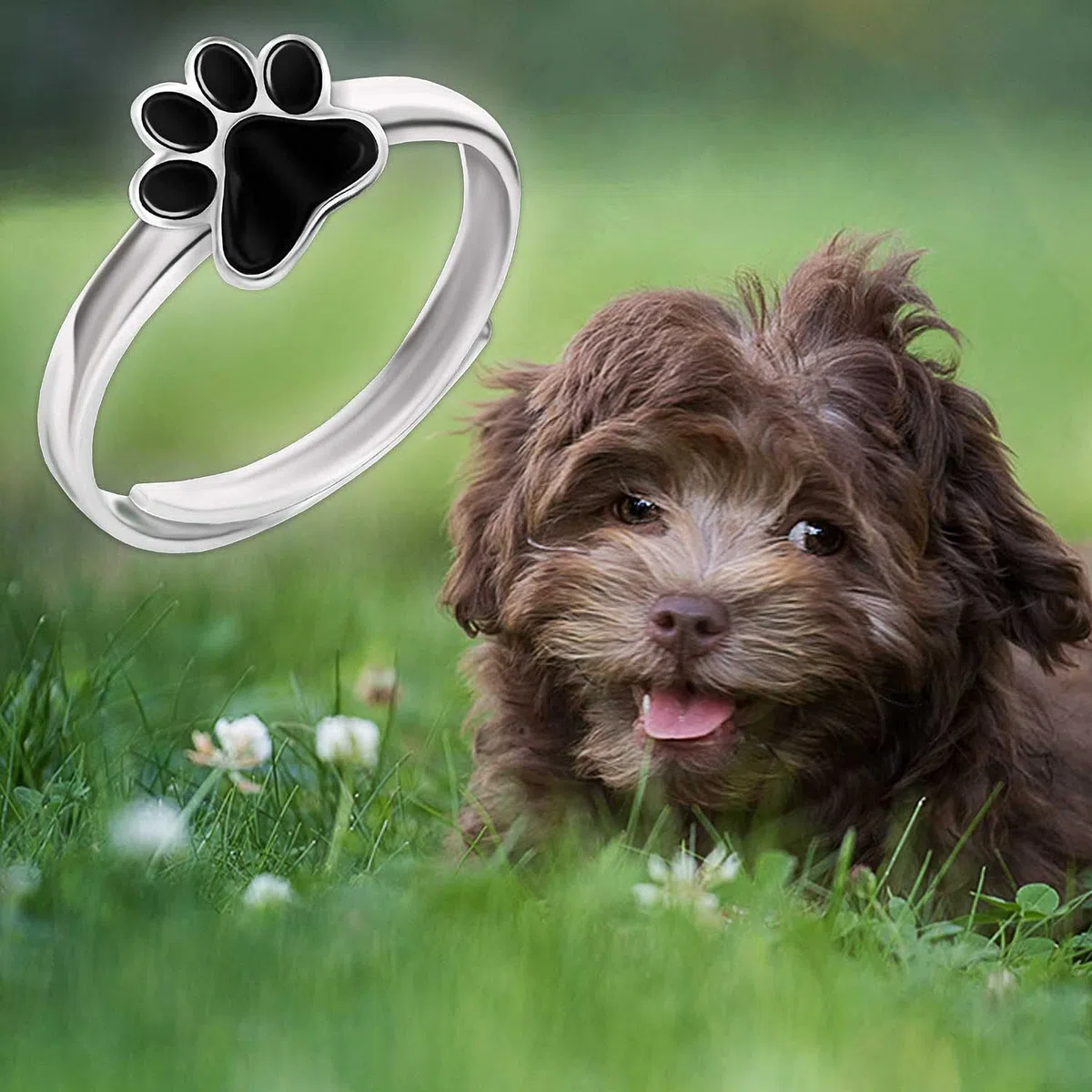CLEVER SCHMUCK Anello da ragazza con zampa di cane, in argento sterling 925 laccato nero lucido, misura universale regolabile per bambini in custodia per gioielli, Metallo