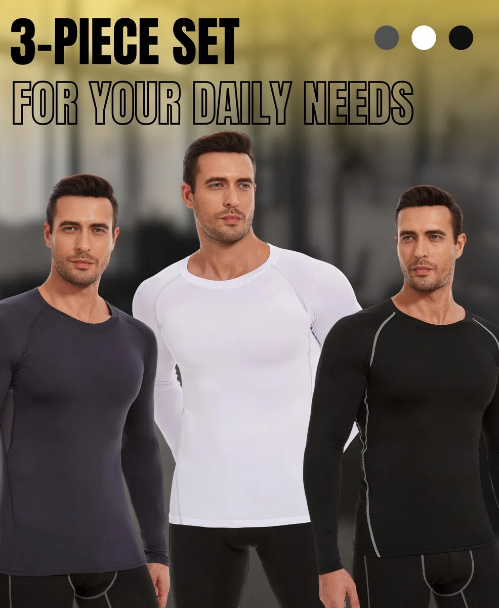 AMZSPORT Maglia Compressione Uomo Confezione da 3 Maglia Termica Manica Lunga Maglietta Palestra Compression Shirt Ciclismo Running Sportiva