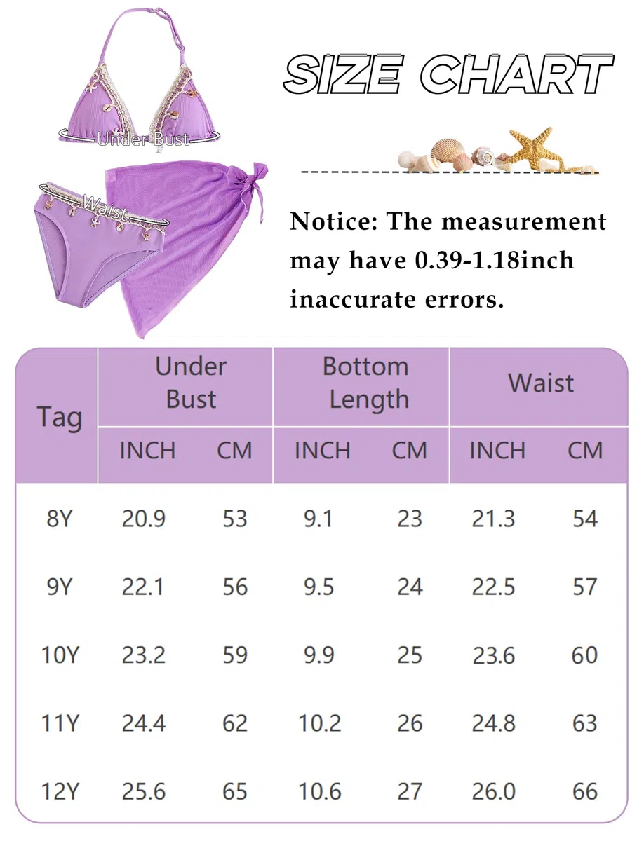 SEAUR Ragazza Set Bikini con Gonna a Maglia 3 Pezzi Costume da Bagno Moda Shell Halter Bikini Set Bambino Estate Spiaggia Piscina 8-12 Anni