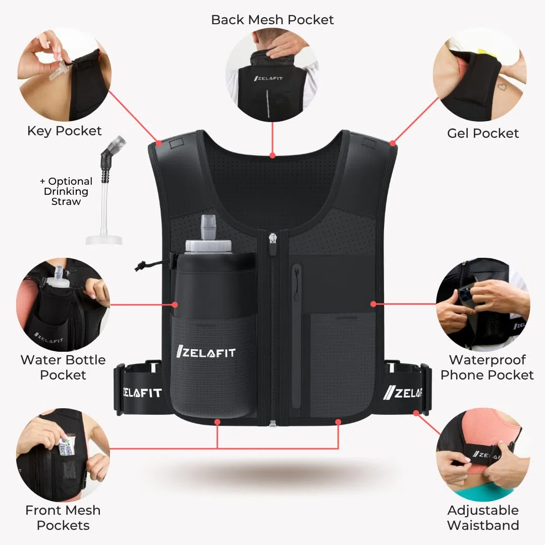 ZelaFit® Running Vest with Rechargeable LEDs & Micro USB Charging Cables, Water Bottle and Straw - Reflective Hydration Vest with 8 Pockets - Running Backpack Alternative in 2 Sizes - Men & Women