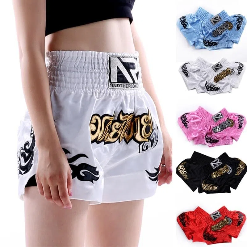 Zilimontt Pantaloncini da boxe, da donna, per kickboxing, MMA, Muay Thai, pantaloncini da allenamento per bambini, pantaloncini elastici in vita per kickboxing (L nero)