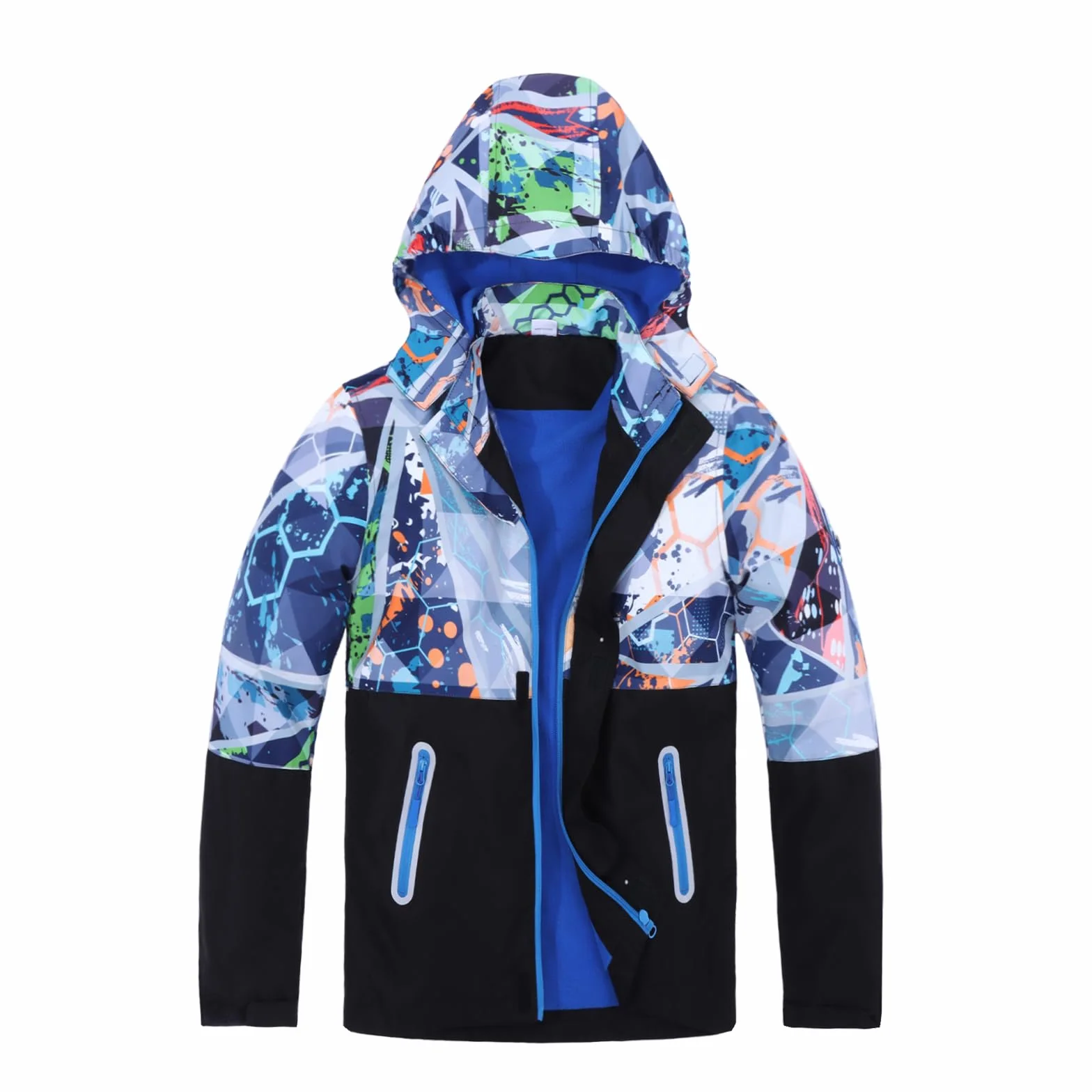 BWBIKE Giacca Impermeabile con Cappuccio per Bambini, Foderata in Pile, Antivento, Leggera, Ideale per Primavera/Autunno/Inverno, Giacca a Vento per Ragazzi a Blocchi di Colore