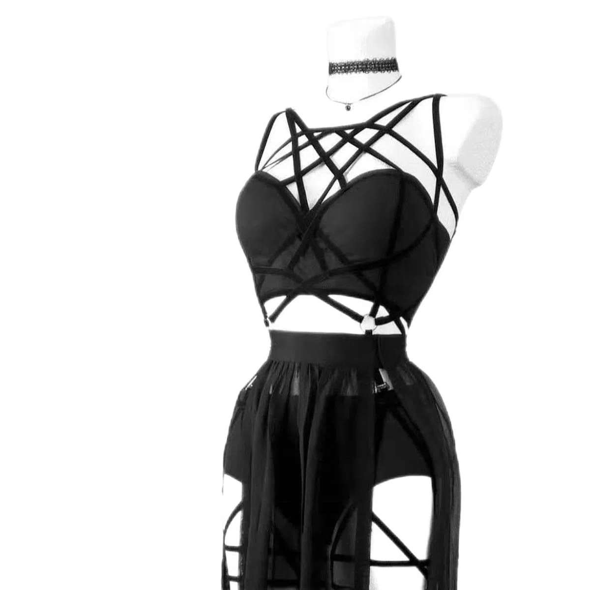 Completo Intimo Tre Pezzi con Abito con Spalline e Cuscinetti per Il Petto, Bellissima Gonna in Garza - Nero - M