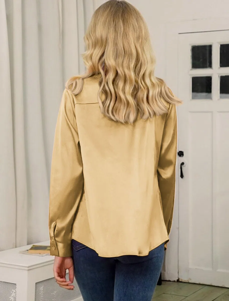 Camicia da donna in raso, elegante, con scollo a V, a maniche lunghe, per lavoro, casual, in seta con bottoni