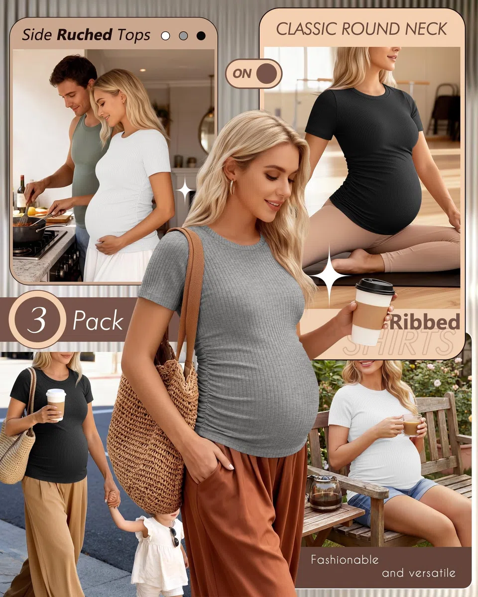 Ficerd Pacco da 3 Maglie maternità Donna in Cotone: Top Gravidanza a Maniche Corte, con Pieghe Laterali e Tessuto a Costine