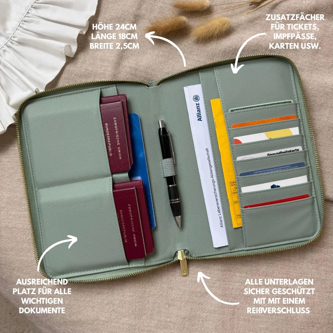 Organizer da viaggio e per famiglie, organizer per quaderni a U 3 in 1, con scomparto per passaporto e passaporto in ecopelle Saffiano, grigio/marrone, 24 cm, Classico