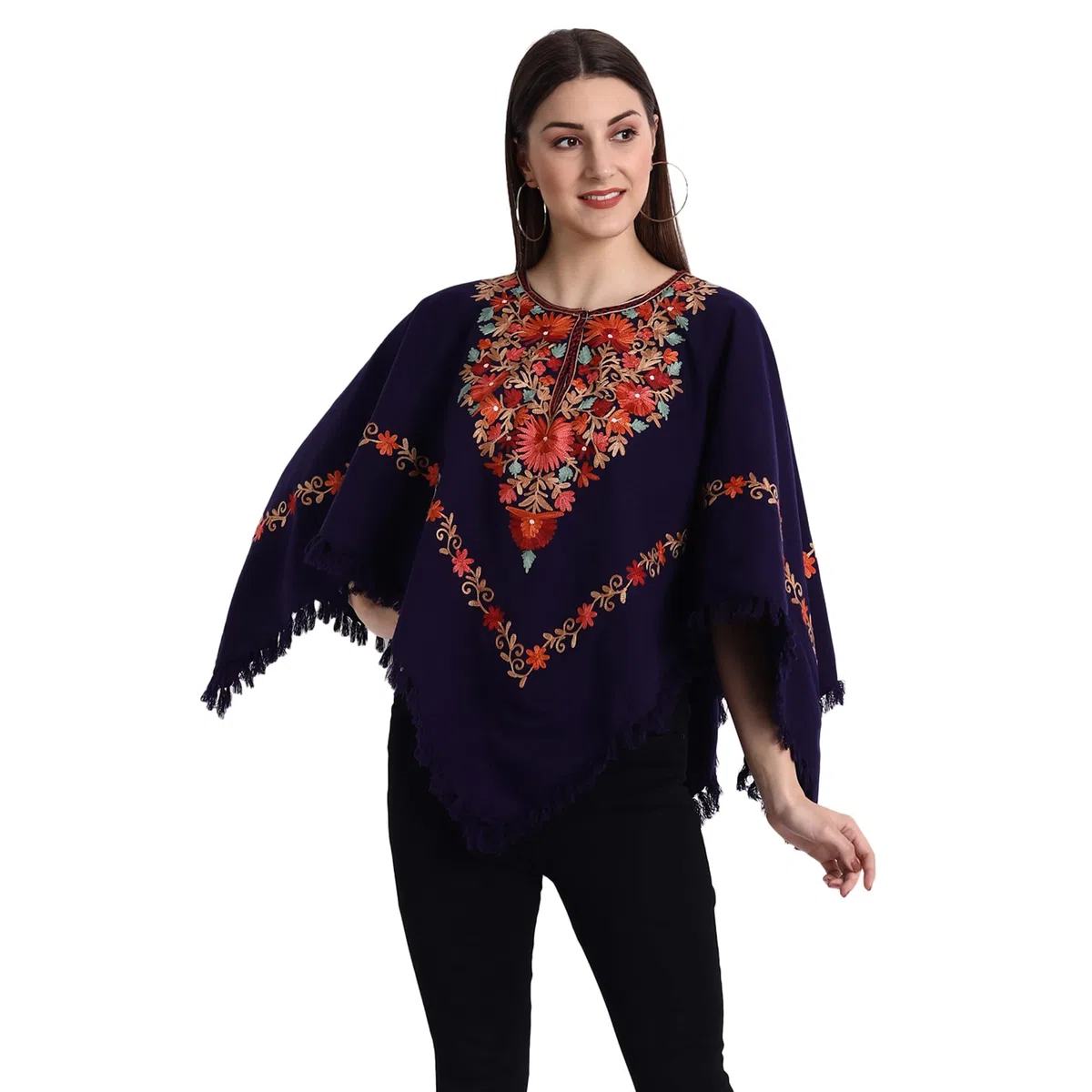 Indian Kashmiri - Poncho da donna con ricamo a mano, motivo cachemire, lavorato con fodera interna (dimensione libera), colore: verde