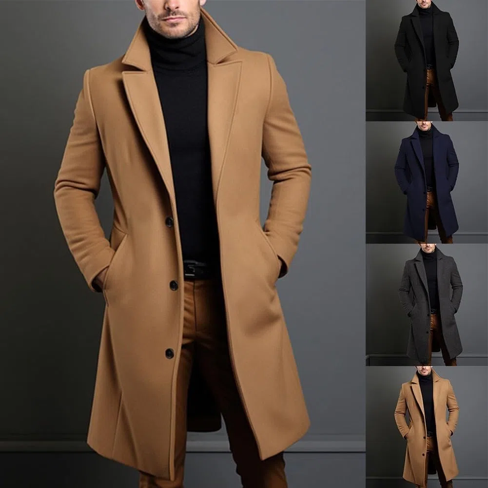 Cappotto da uomo nero di lusso, soprabito lungo e caldo a petto singolo (S Grigio scuro)