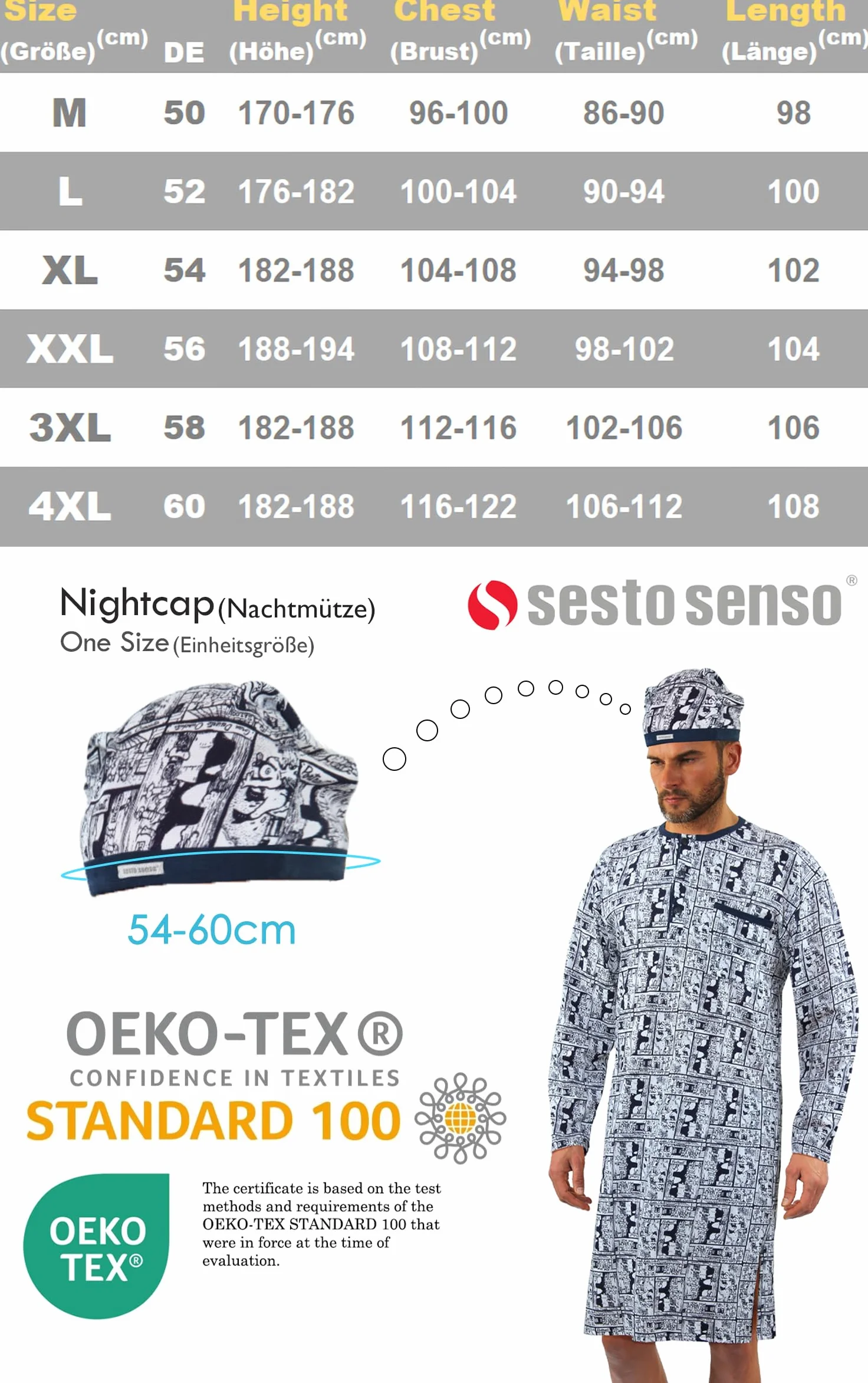 sesto senso Camicia da Notte Uomo con Cuffia Maniche Lunghe